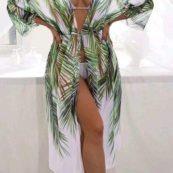 Tropical Leaf Print Swim Cover-Up XL - Picture 5 of 6